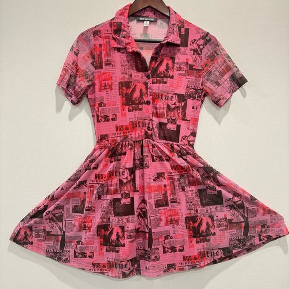 Urban Outfitters Neon Pink Medium Newsprint Sheer/ Lined dress Euro Summer - Picture 7 of 9